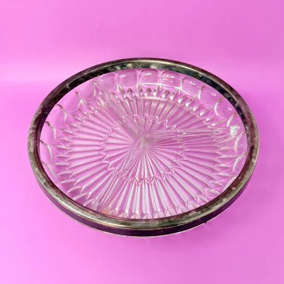 Vintage 1970s Leonard Silver Rim Crystal Divided Bowl - Picture 3 of 4